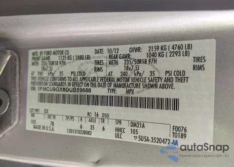 2013 Ford Escape Se из США, поврежденный, VIN 1FMCU9GX8DUB59688